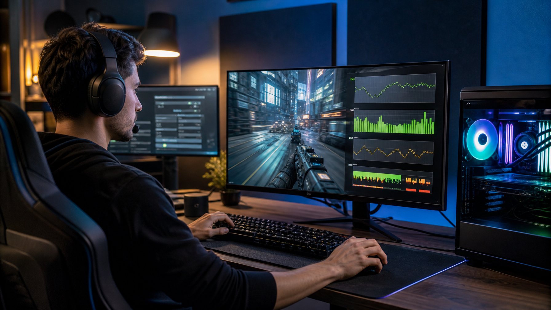 Seorang gamer sedang memeriksa kinerja komputer saat memainkan gim tembak-menembak taktis di meja dengan dua monitor.