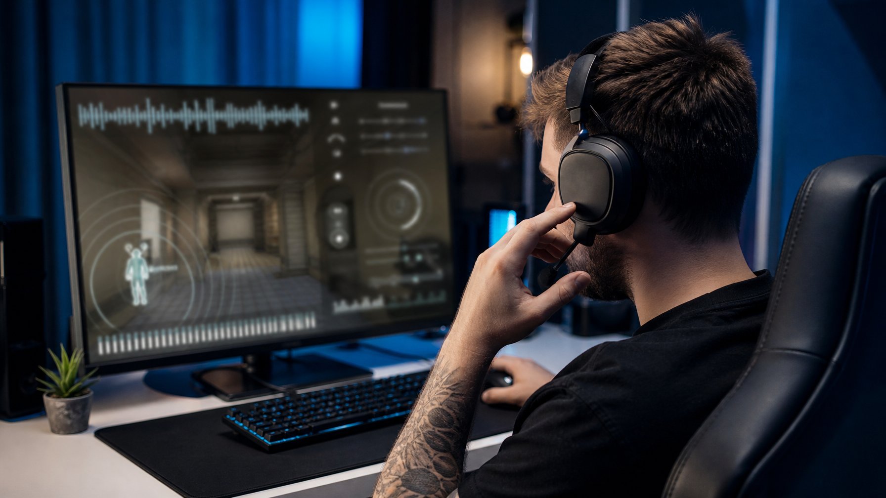 Seorang pemain duduk menggunakan headset di depan komputer dengan visualisasi gelombang suara pada layar.