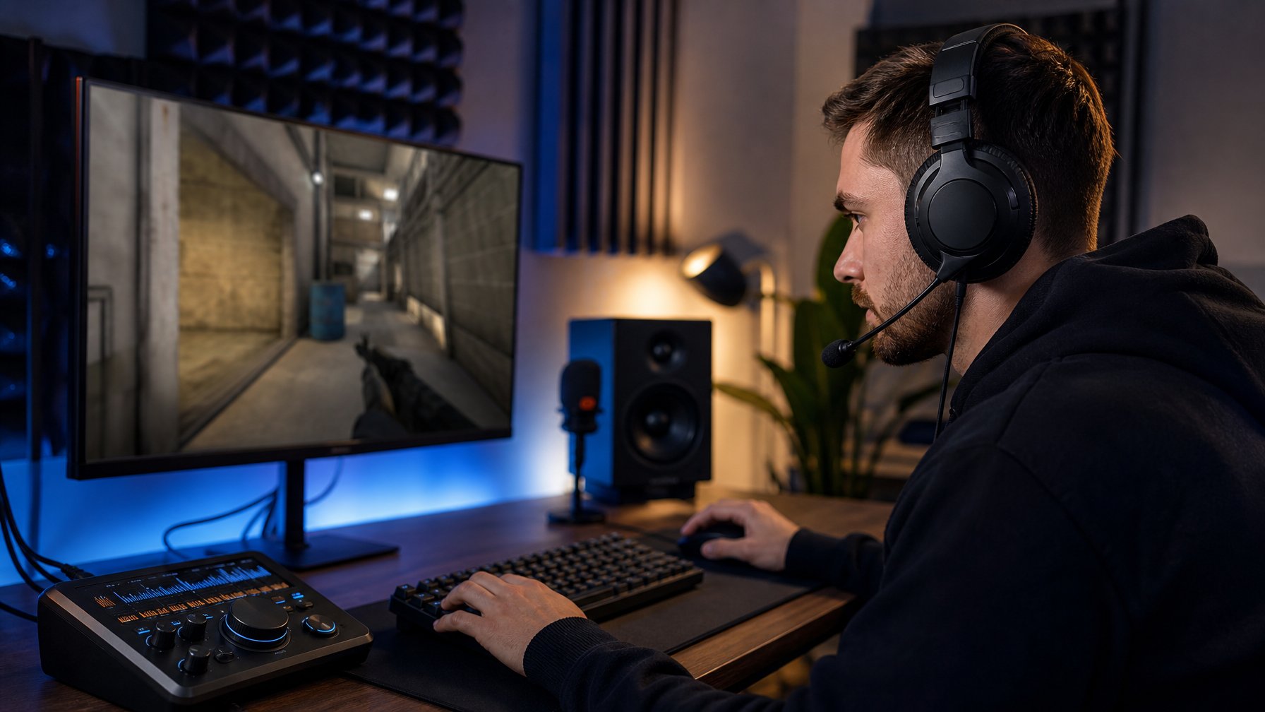 Pemain gim menggunakan headset di meja dengan monitor dan peralatan audio.