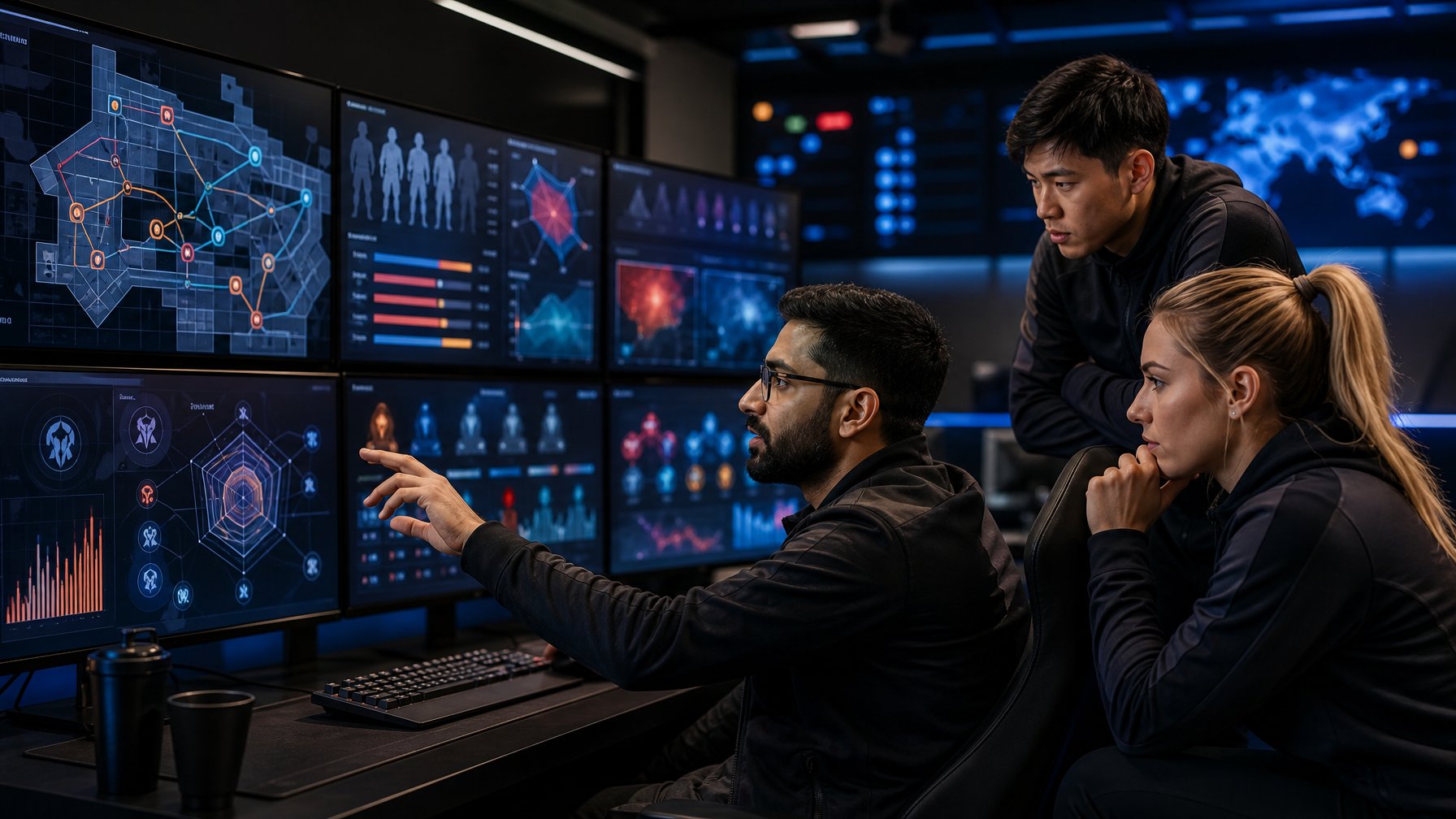 Analis esports meninjau grafik strategi taktis bersama pemain di ruang analisis modern.