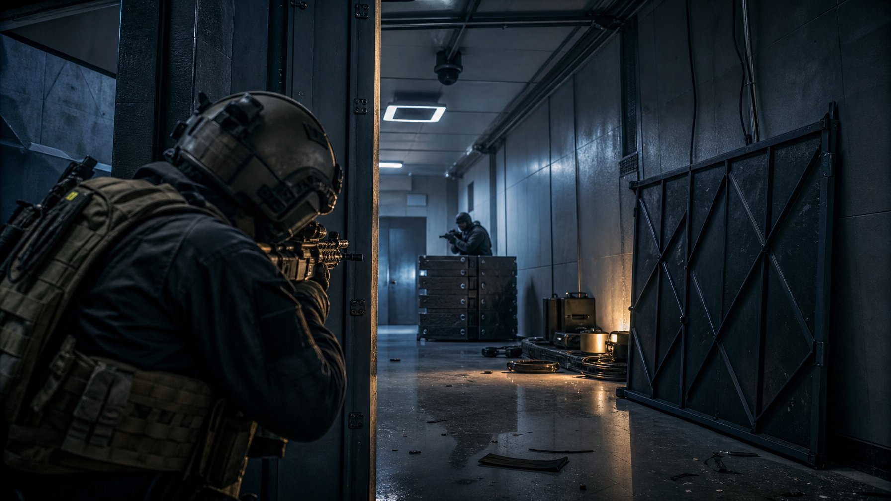 Dua operator taktis berhadapan di koridor fasilitas yang diperkuat, dengan satu operator berlindung sambil menghadapi posisi lawan yang sulit ditembus.