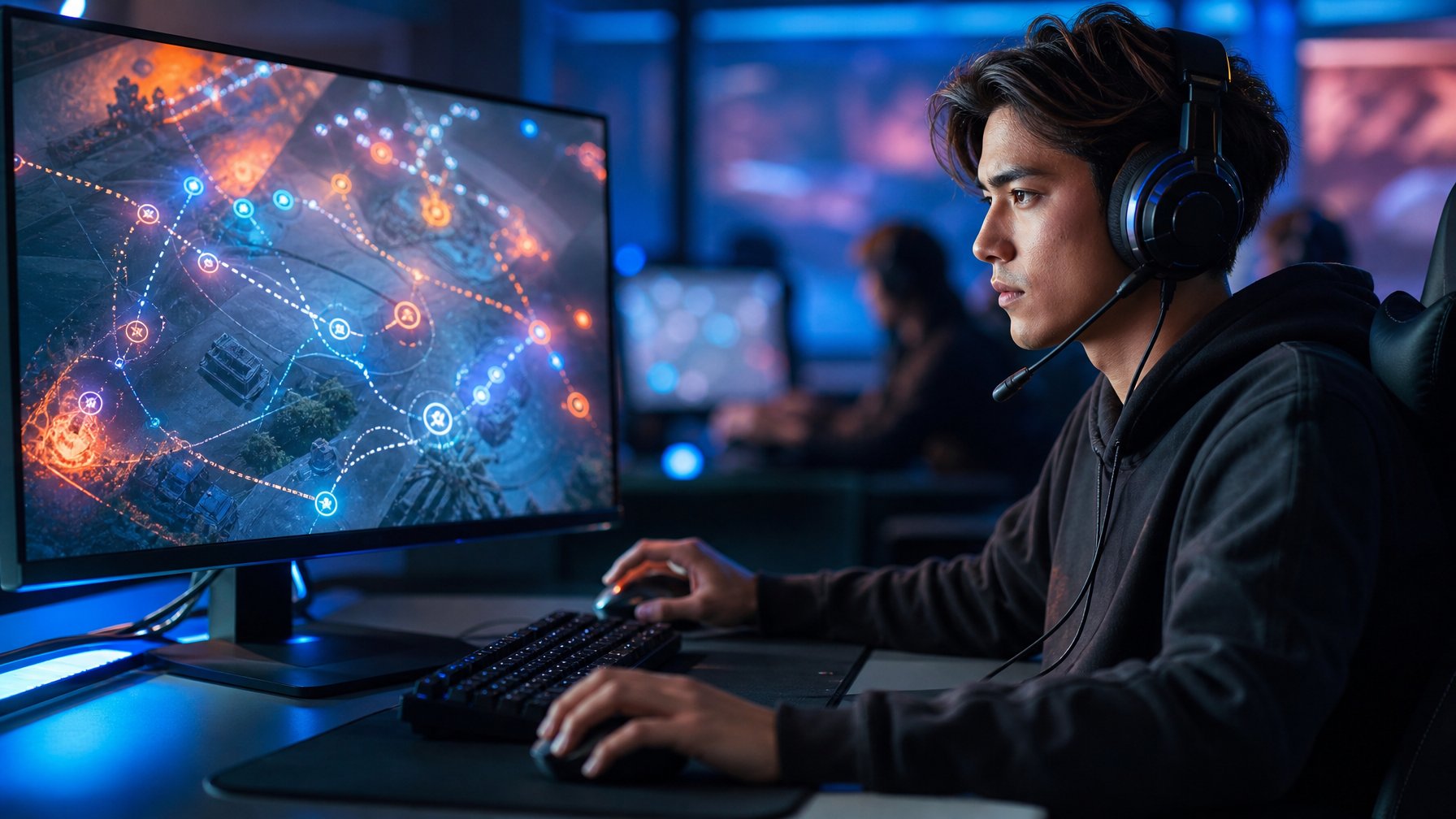 Seorang gamer fokus menyusun strategi sendiri di depan komputer dengan tampilan medan permainan abstrak.