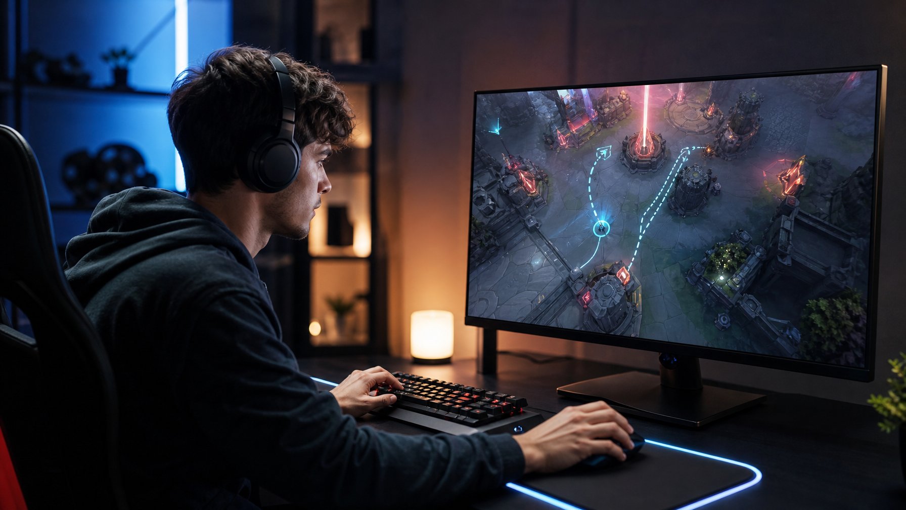 Pemain gim duduk sendirian di depan komputer sambil merencanakan serangan dalam arena virtual.