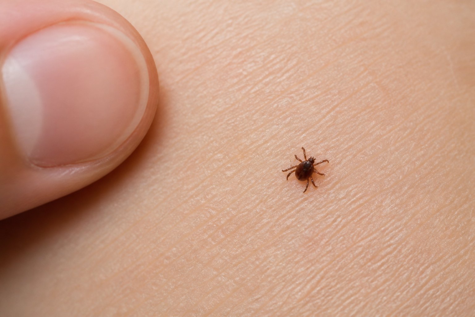 A small dark tick resting on human skin beside a fingertip for scale.