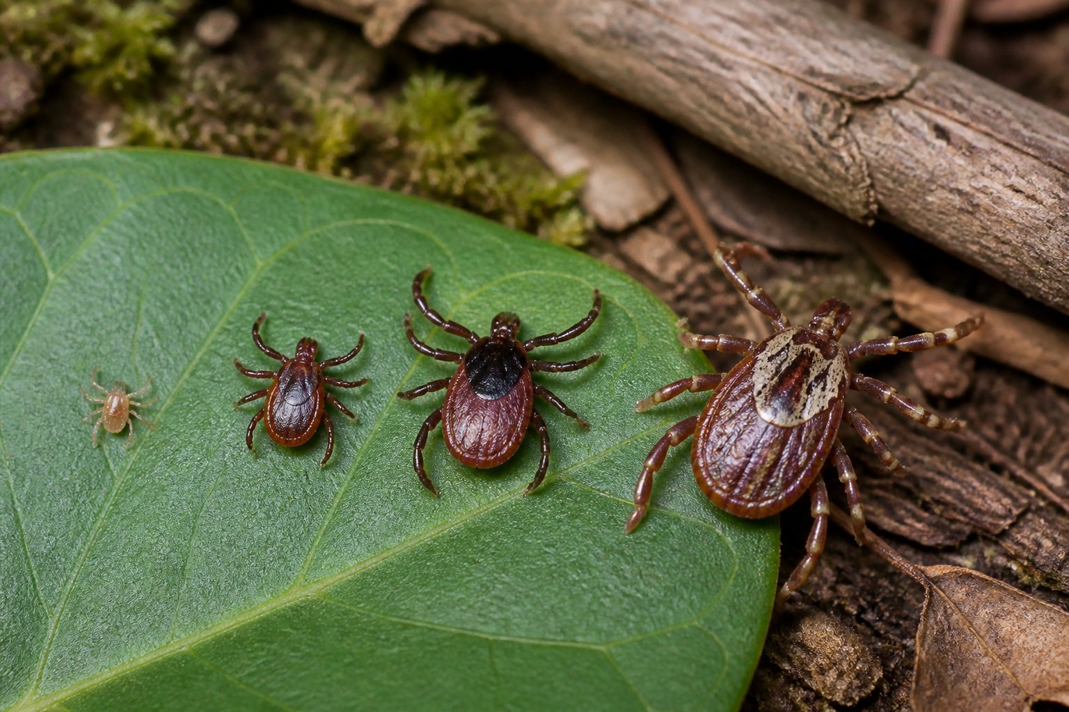 Several ticks at different life stages resting on green leaves and woodland ground.