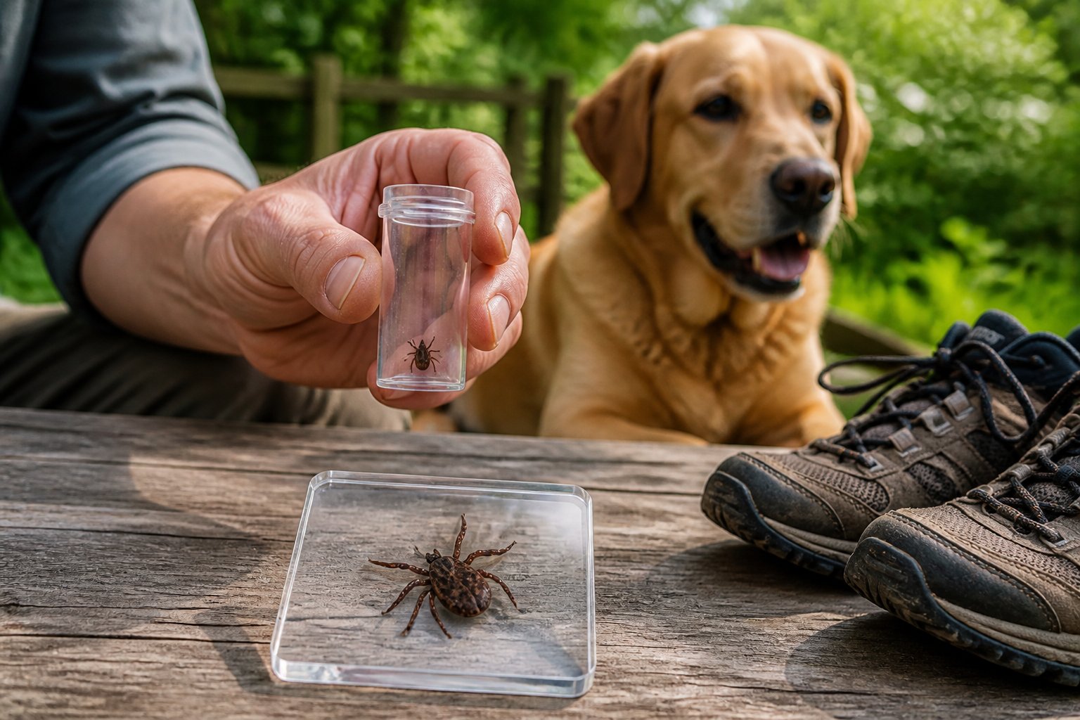 A person examines a small tick near a dog and outdoor shoes.