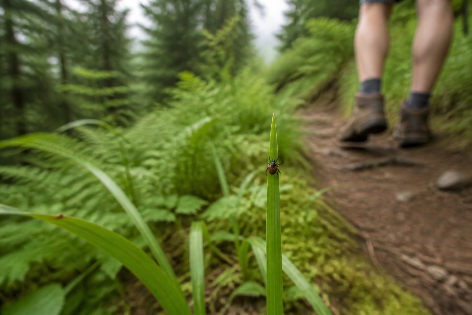 A tick clings to a blade of grass beside a wooded hiking trail in Washington.