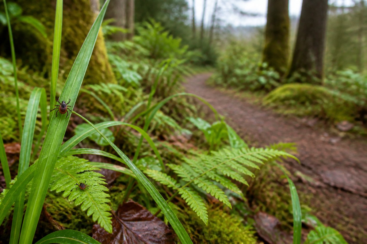 A tick on grass in a damp Pacific Northwest forest setting.