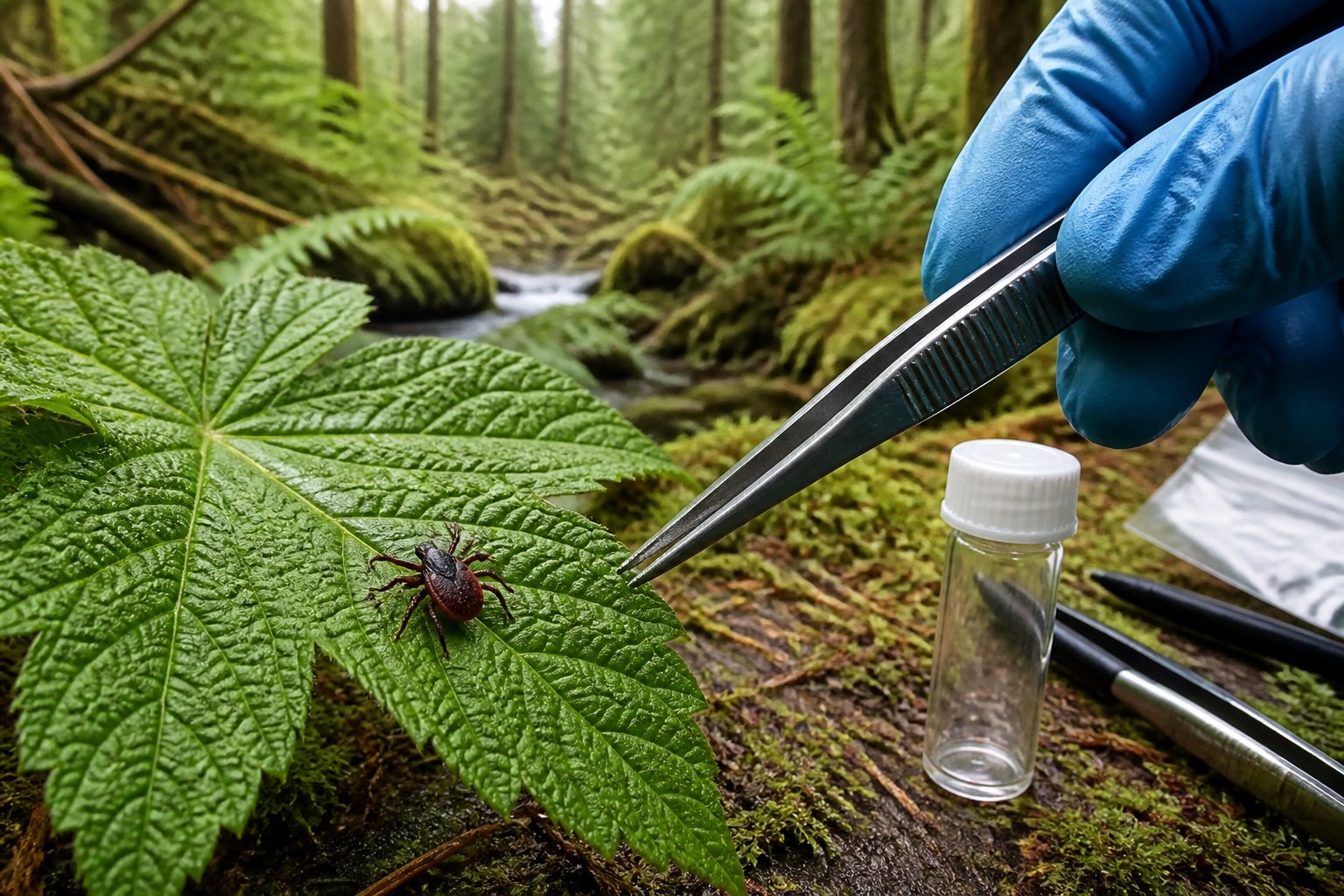 A tick on a leaf in a Pacific Northwest forest beside collection tools.