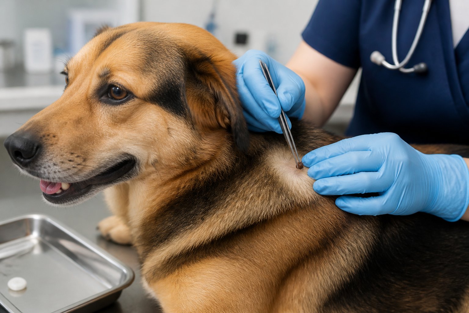 A veterinary professional carefully removes a tick from a calm dog using fine-point tweezers.