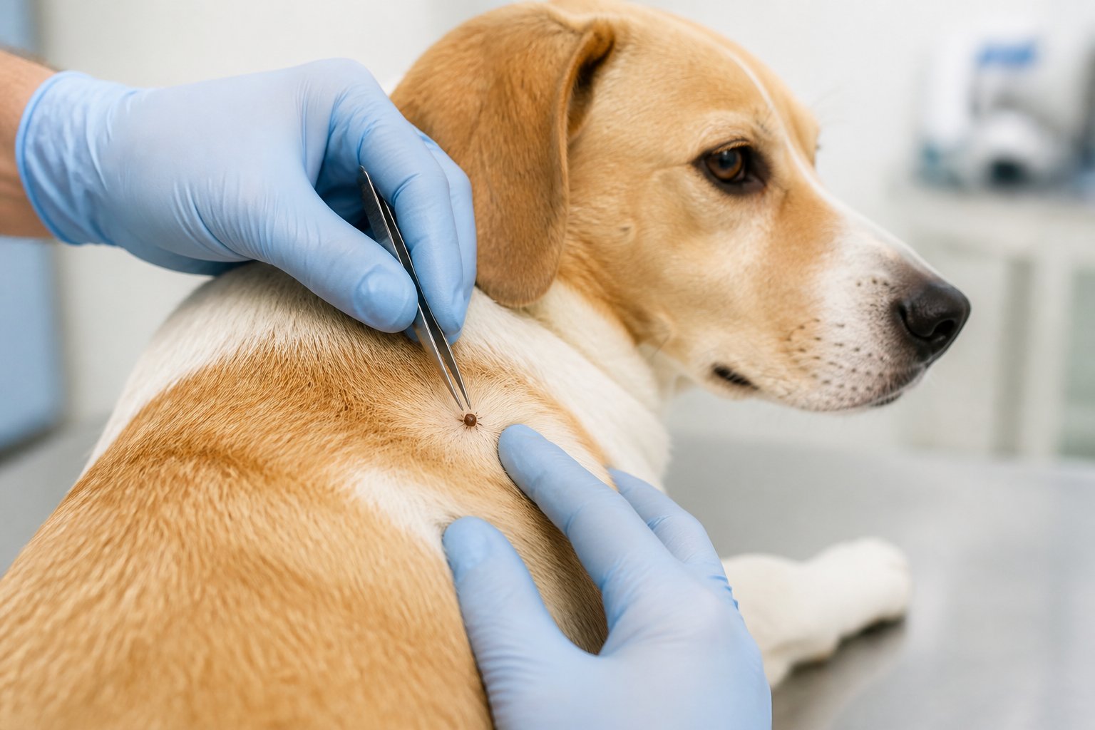 A veterinarian uses tweezers to remove a tick from a calm dog.