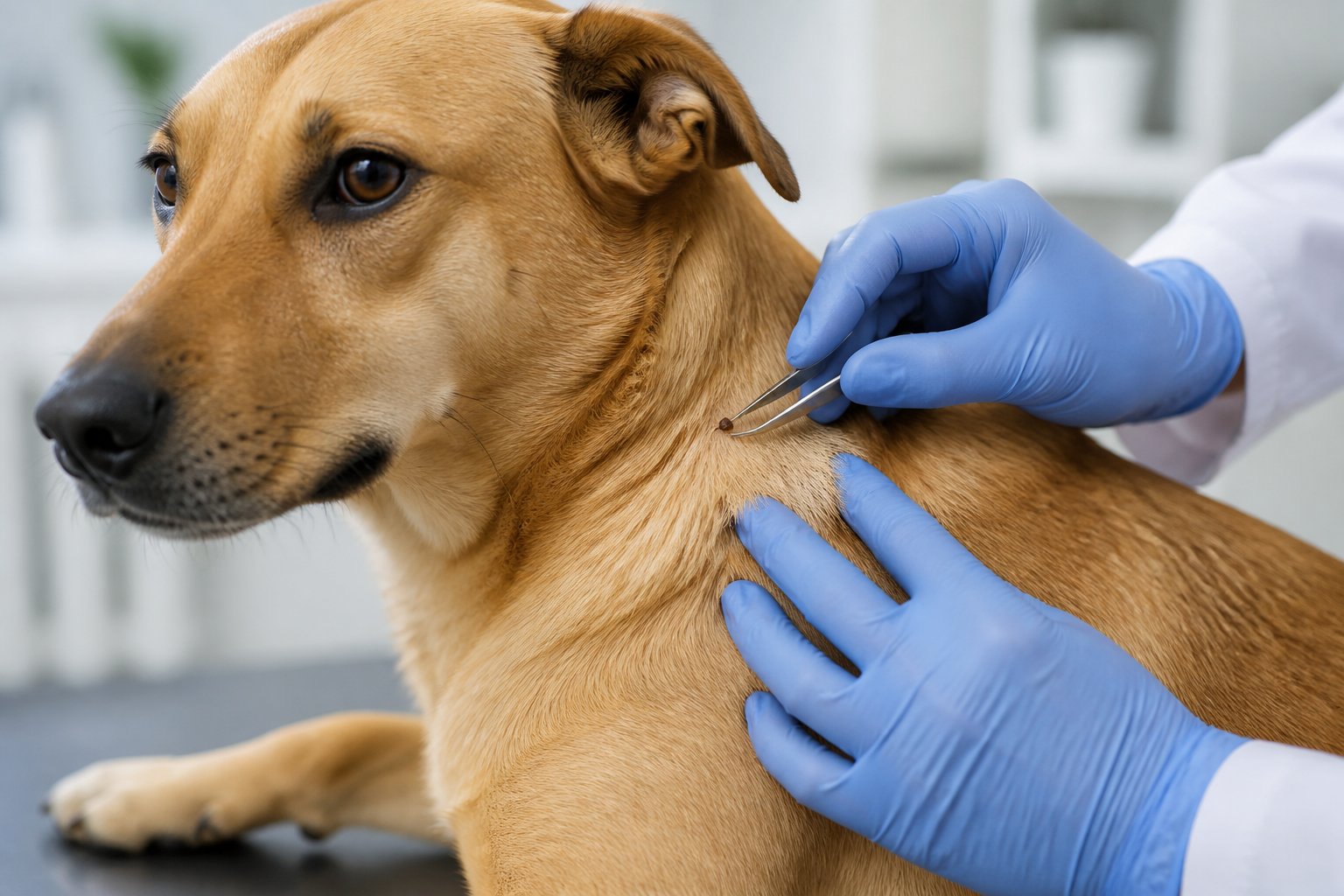A veterinarian in gloves carefully examines a dog’s skin and removes a tick with tweezers.