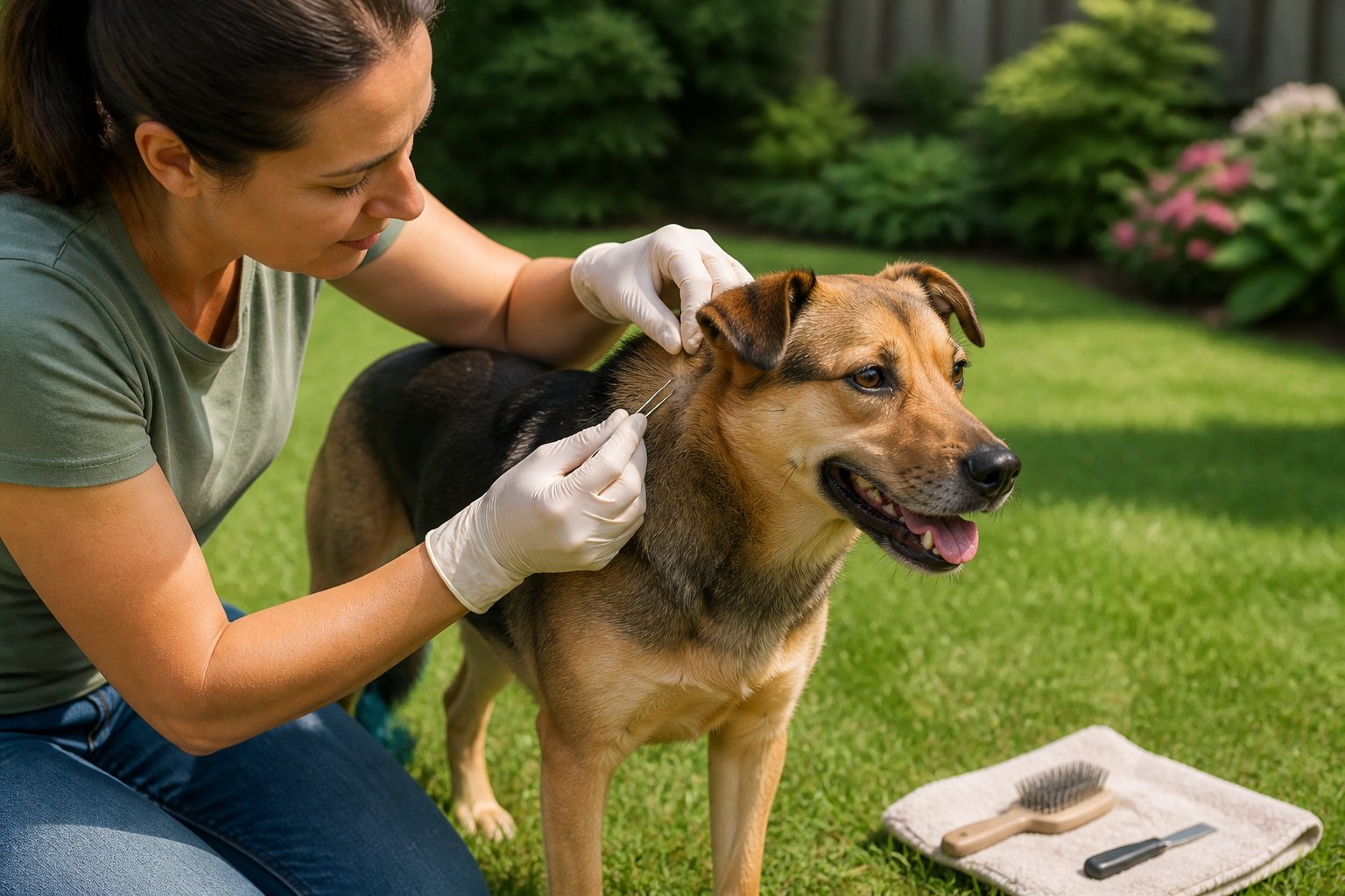 A pet owner wearing gloves checks a dog’s fur for ticks outdoors.