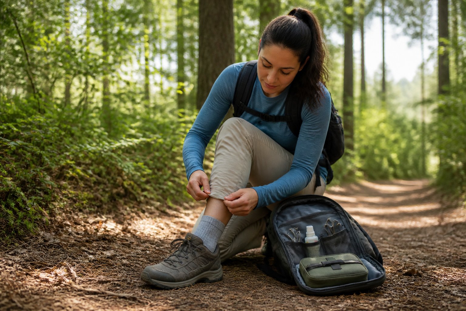 A hiker checks their clothing and legs for ticks on a wooded trail.