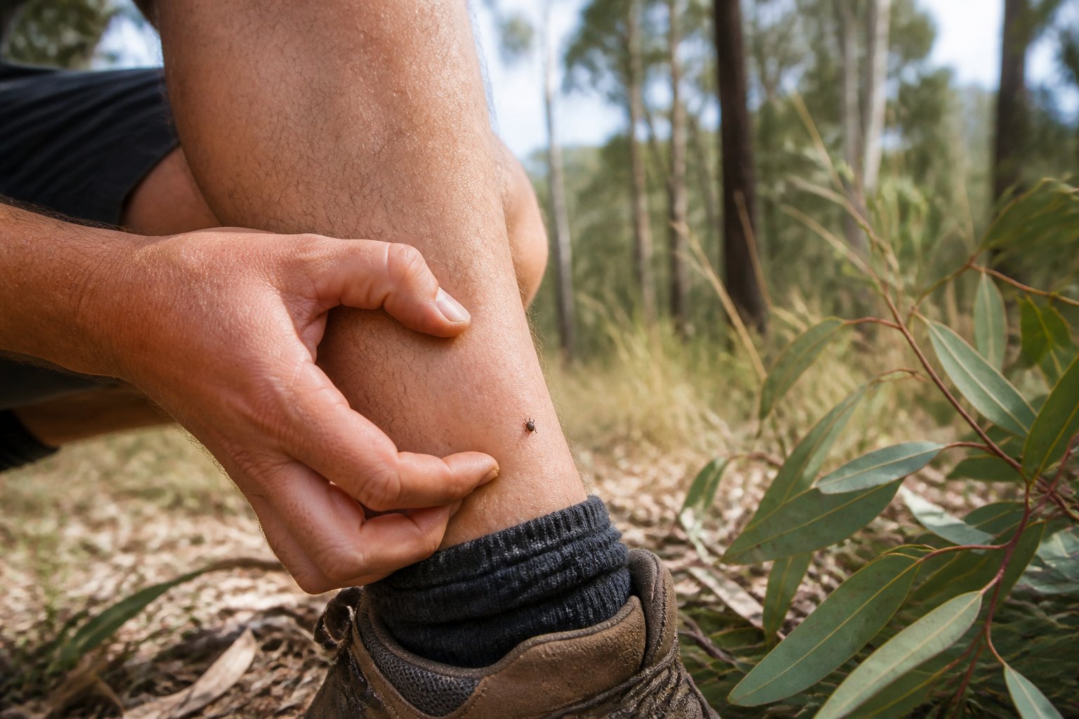 A person examines a small tick bite on their lower leg in an Australian bushland setting.