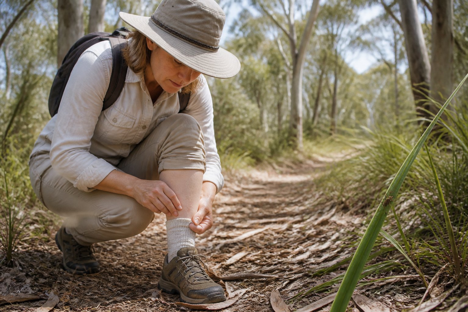 A hiker checks their clothing for ticks on an Australian bush trail.