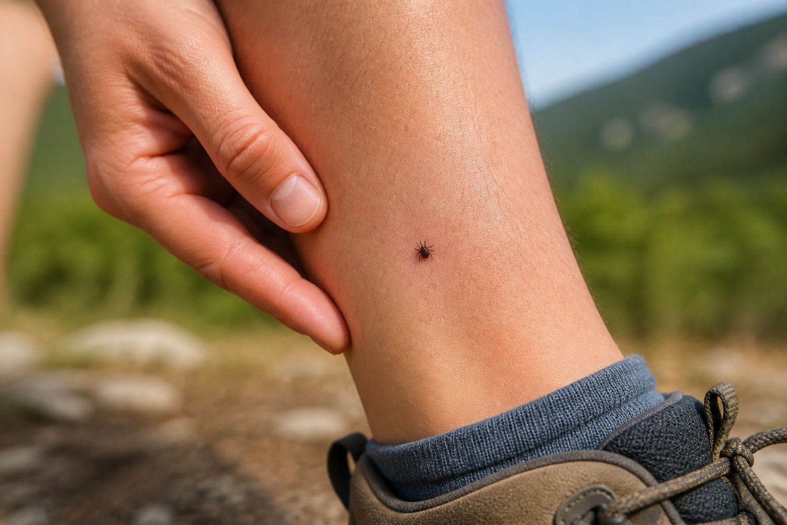 A person checks their lower leg and notices a small tick attached near the ankle.