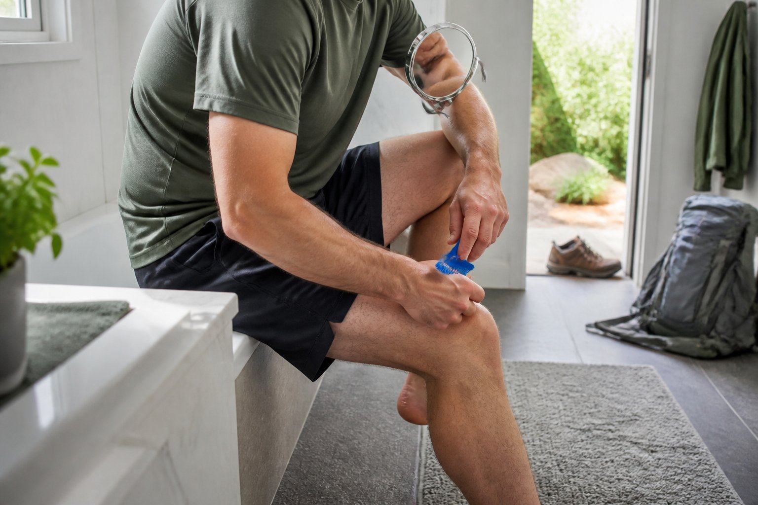 An adult checks their arms and legs for ticks after returning from an outdoor hike.