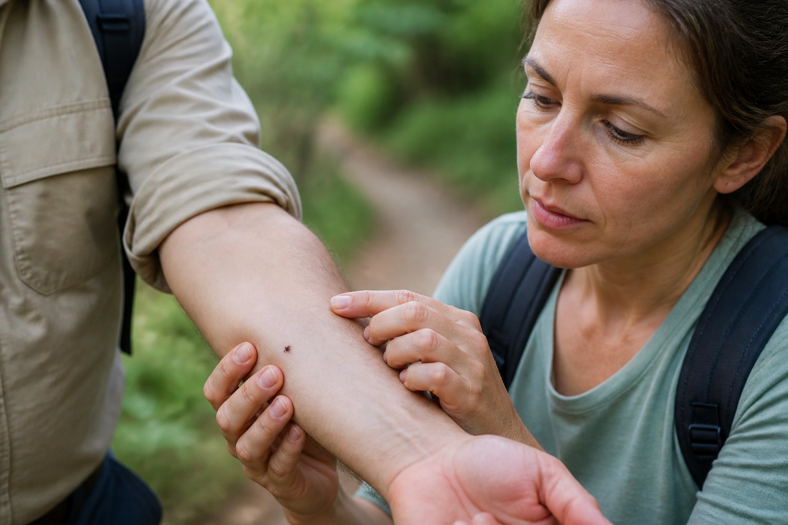 A person carefully examines another person's forearm for an attached tick outdoors.