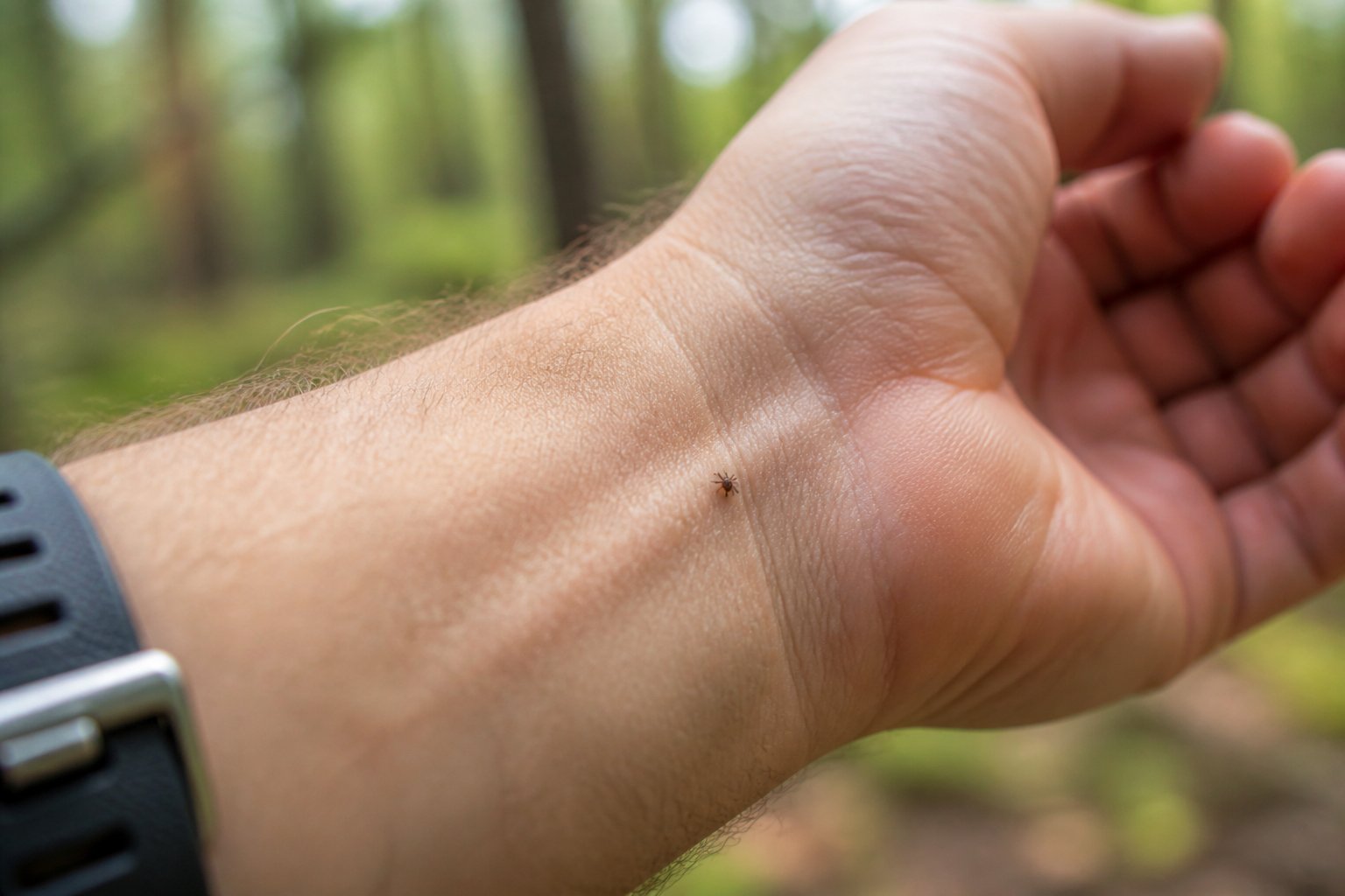 A person’s forearm outdoors with a tiny tick attached near the wrist, unnoticed.