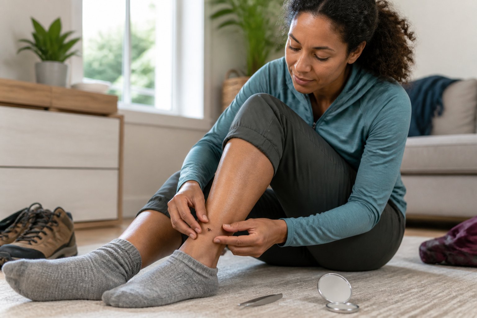 An adult examines their lower leg for a small tick near the ankle.