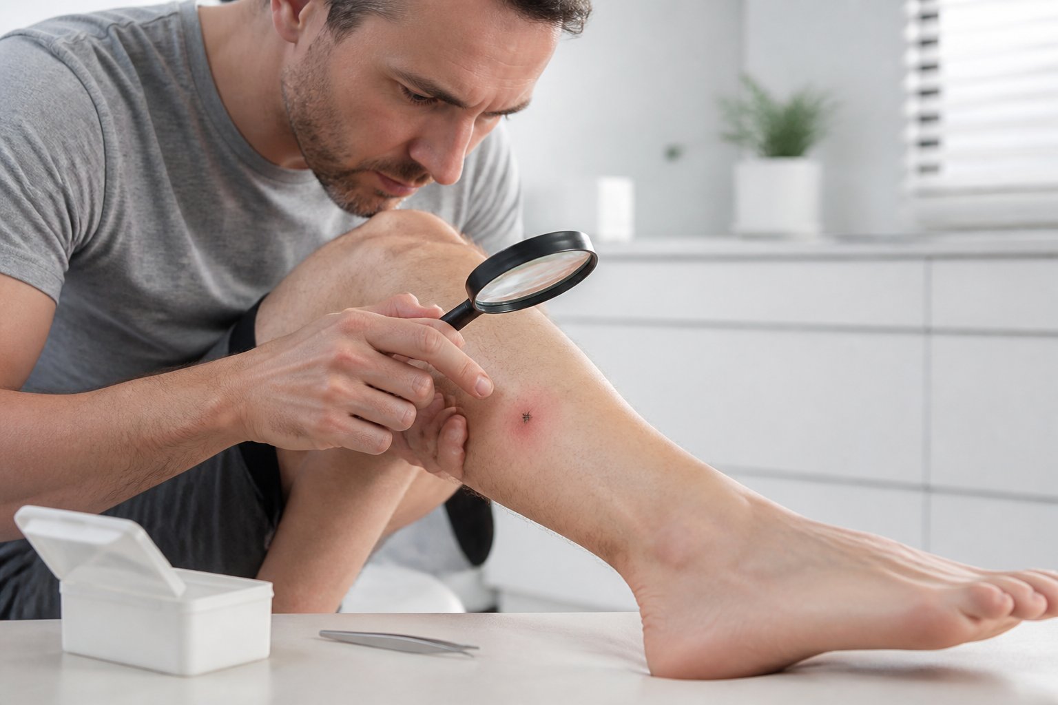 An adult examines a small tick attached to reddened skin near the ankle using a magnifying glass.