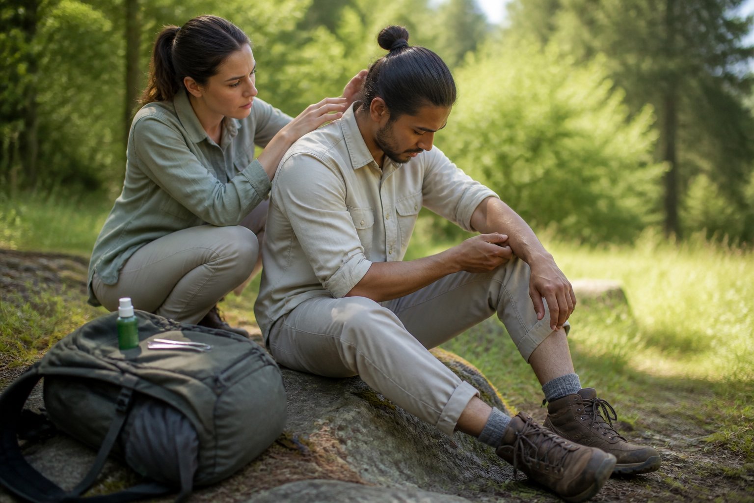 A hiker checks their skin for ticks after walking through a wooded area while another person helps inspect them.