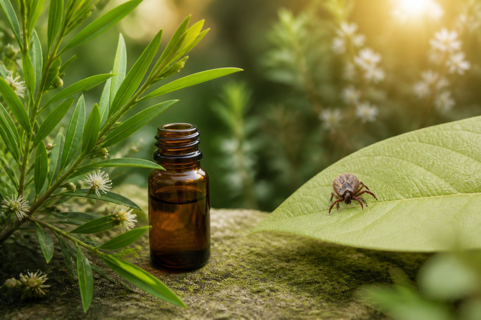 A tick rests on a leaf near a tea tree plant and a small bottle of essential oil.