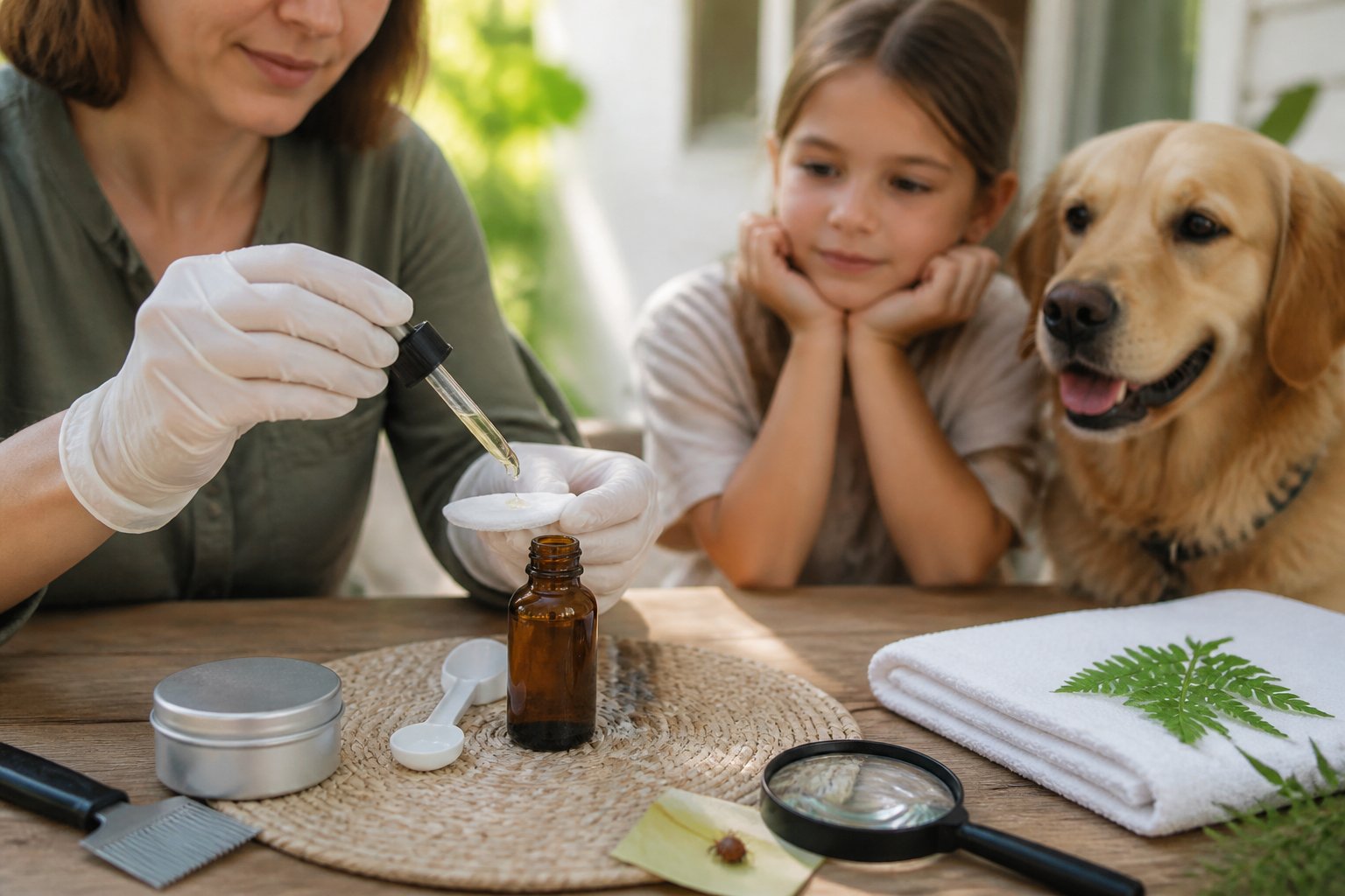 A caregiver prepares diluted tea tree oil safely while a child and dog remain nearby.