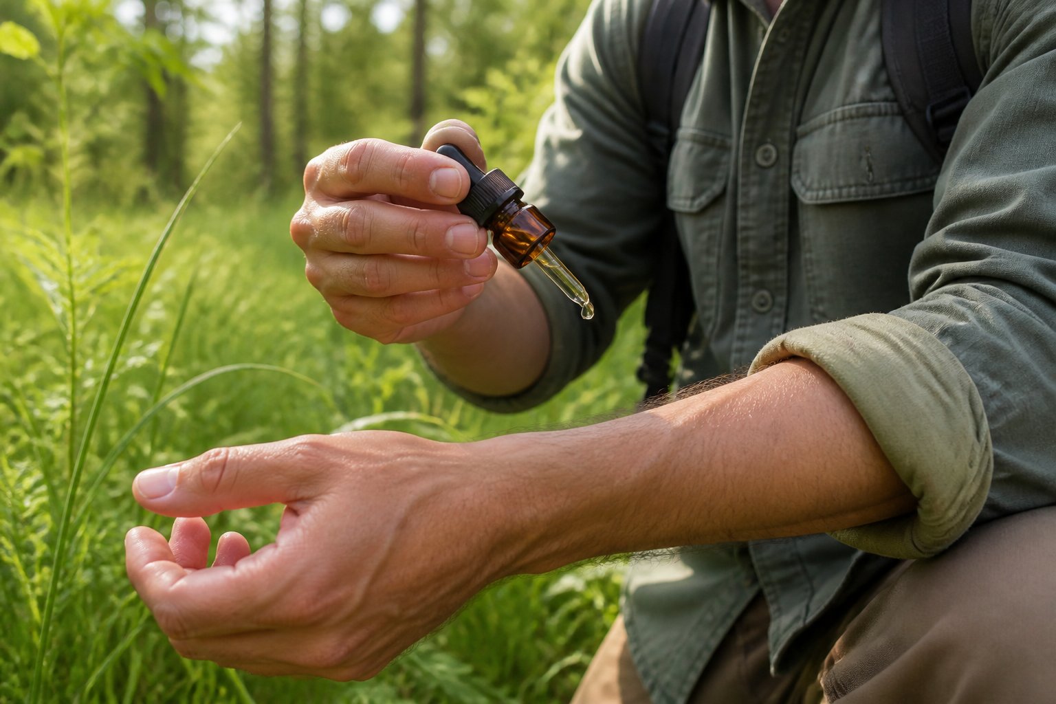 A hiker applies tea tree oil from a dropper bottle to their wrist outdoors in a grassy woodland.