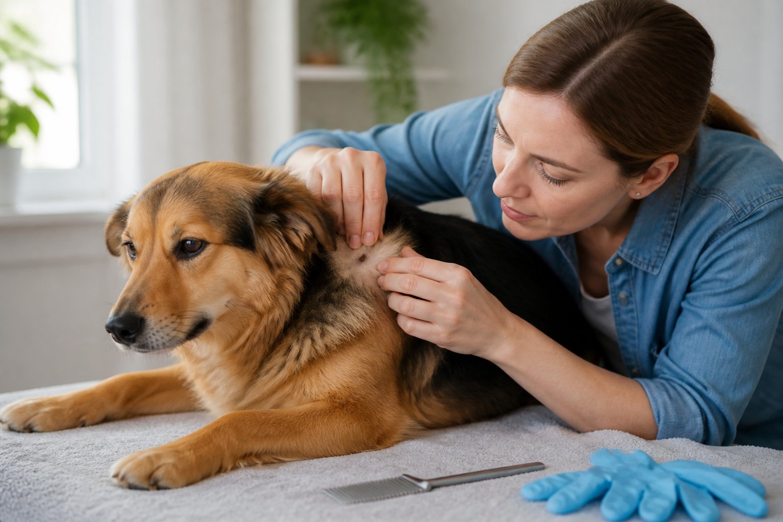 A caregiver gently checks a dog’s fur for a tick near its neck.