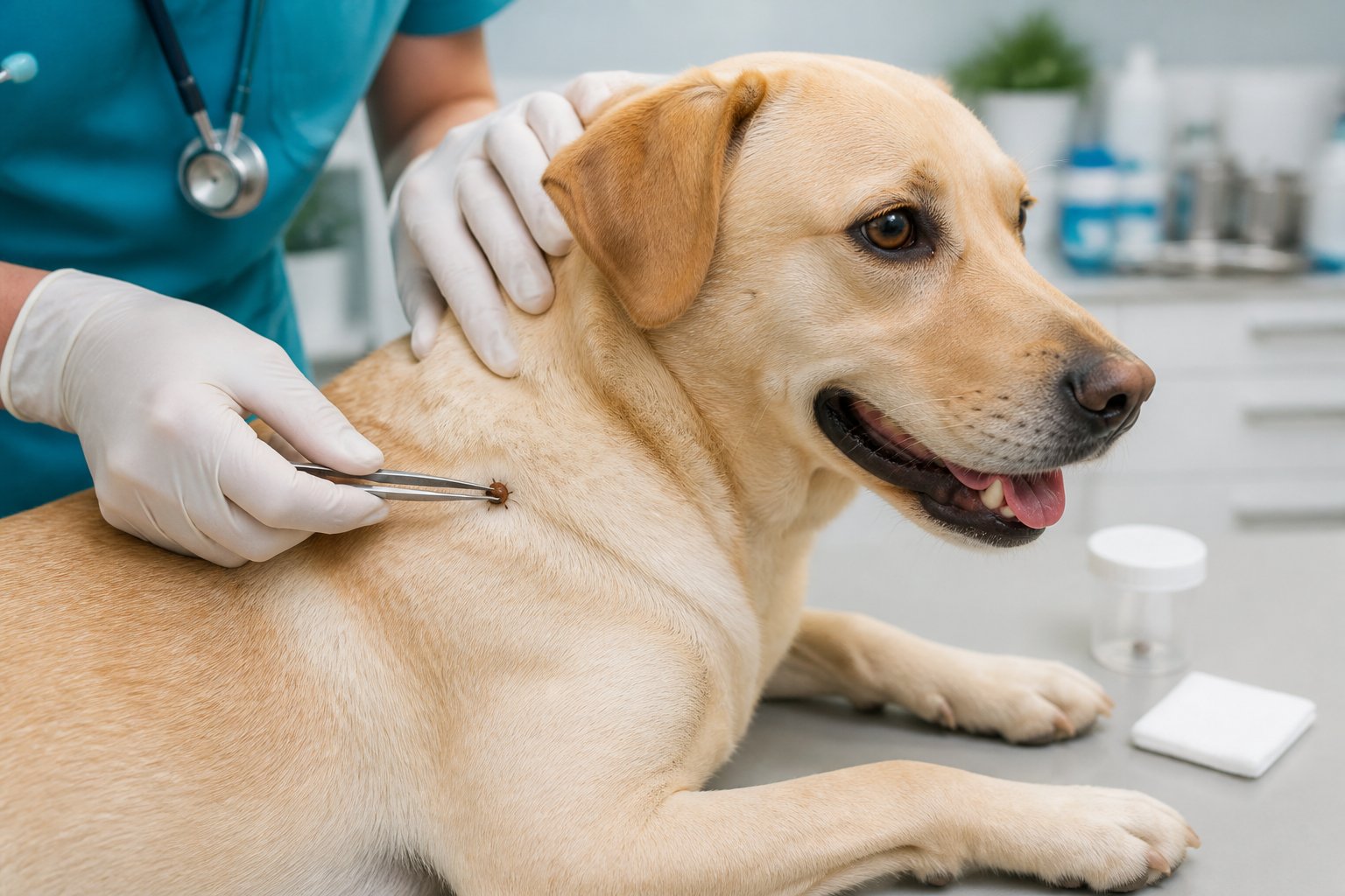 A veterinarian safely removes a tick from a calm dog using tweezers.