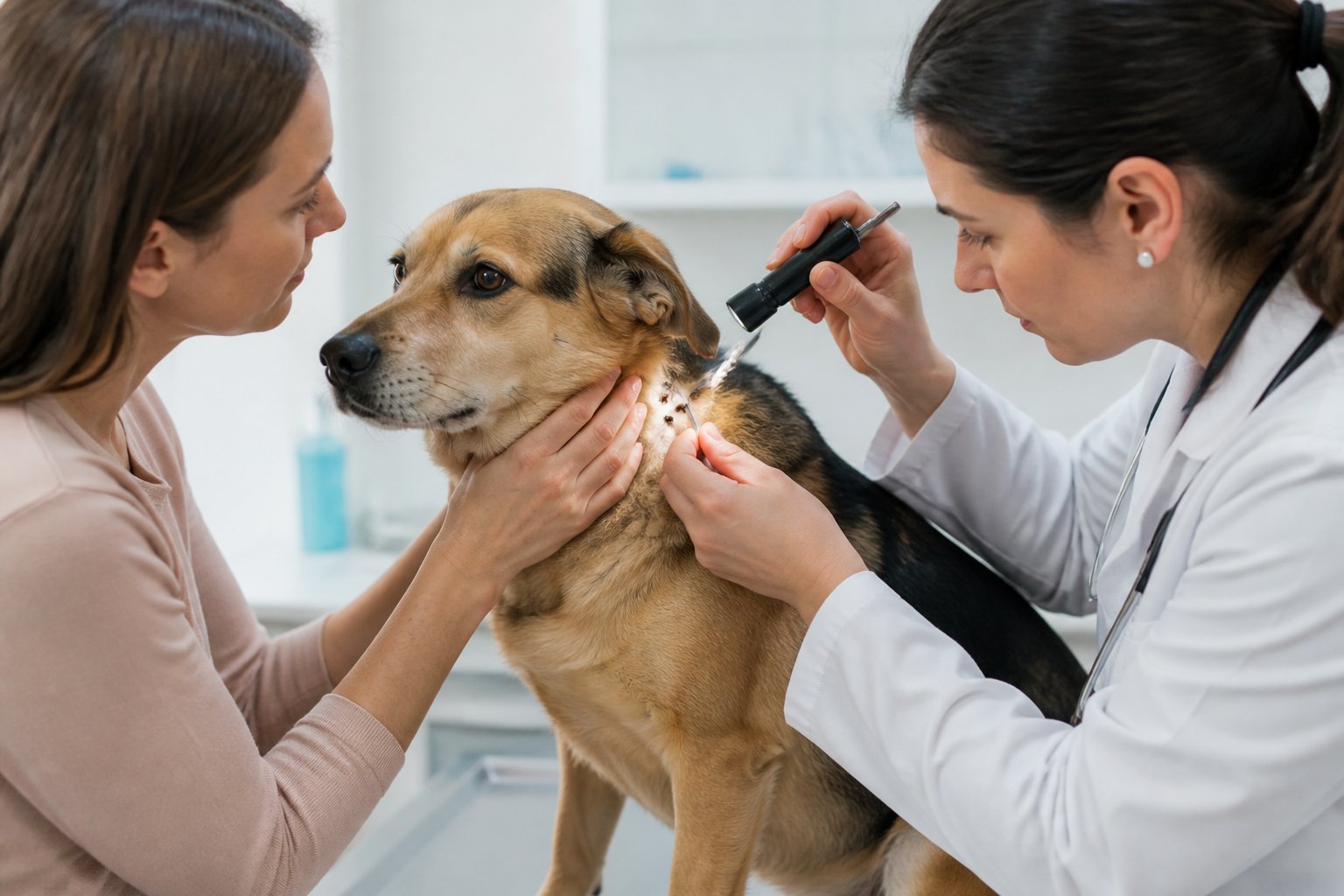 A veterinarian examines a dog with ticks while the owner looks on in a clean clinic.
