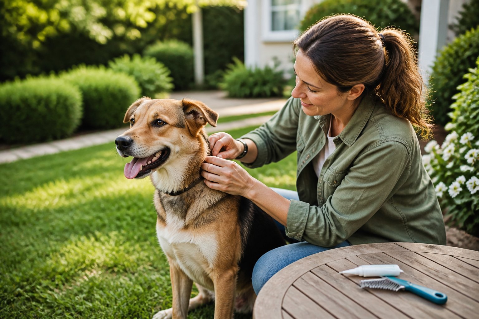 An owner checks a healthy dog’s fur in a tidy grassy yard while tick prevention tools sit nearby.