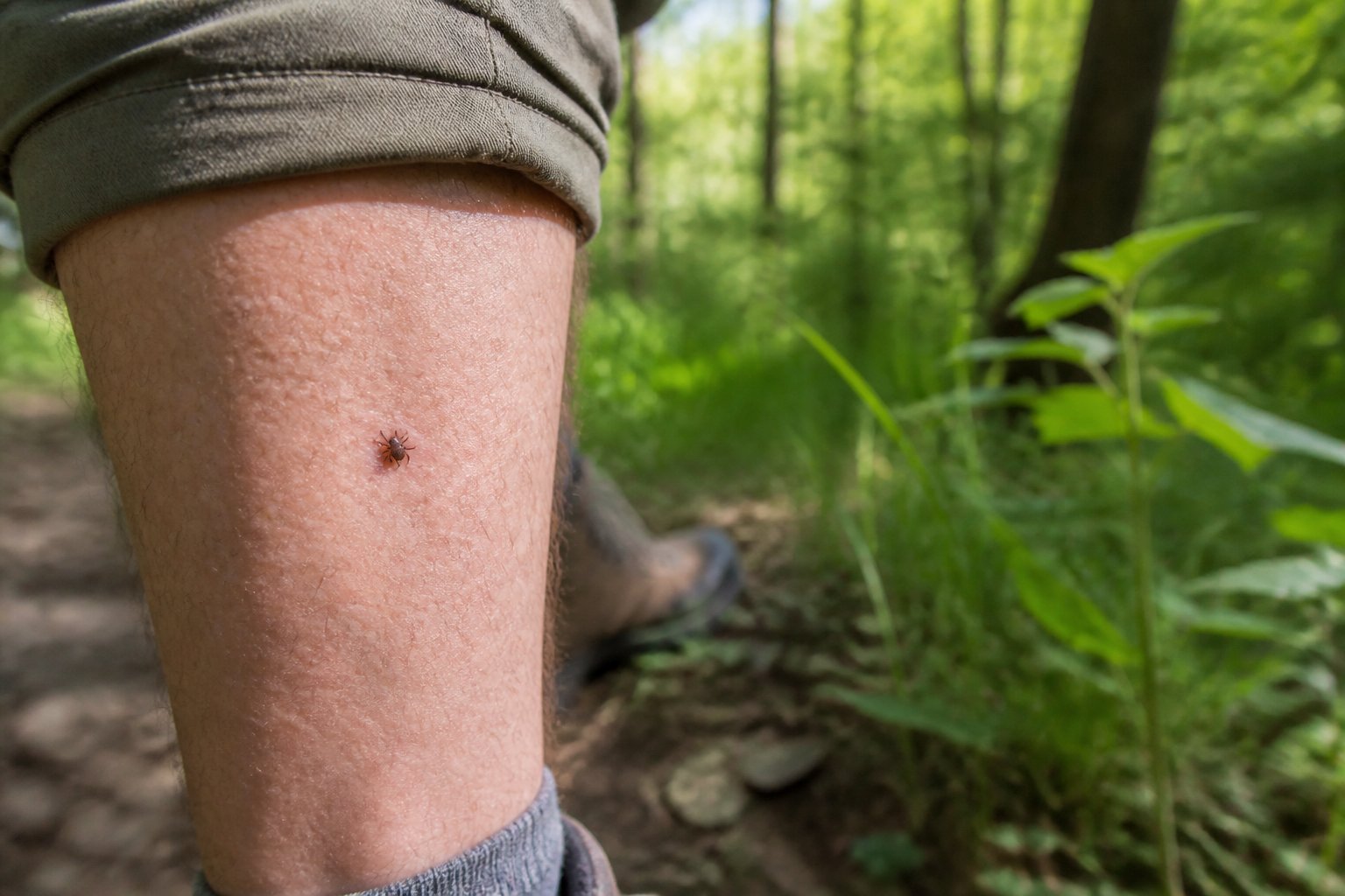 A tick attached to a person’s lower leg in a sunlit grassy woodland.