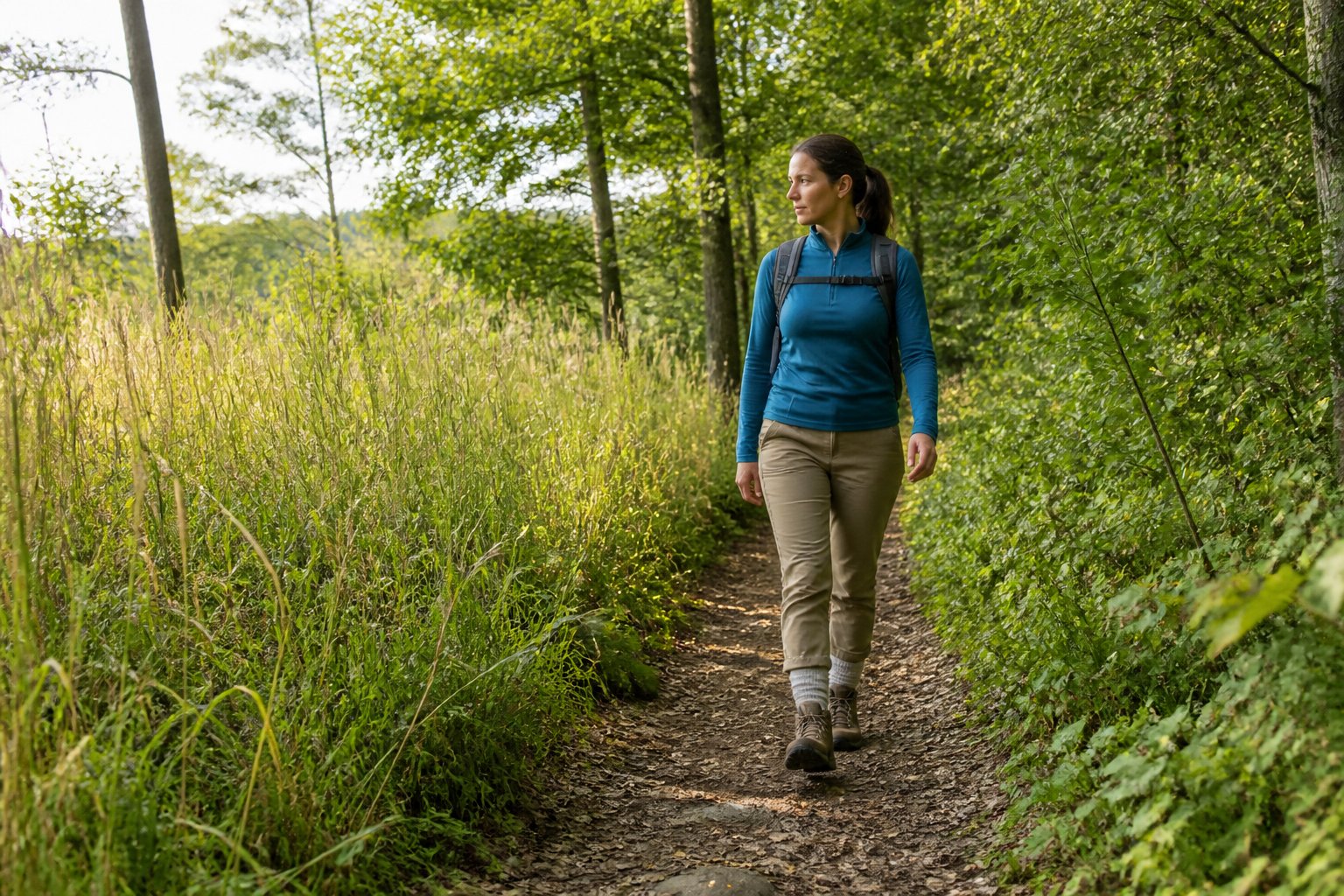 A hiker walks along a wooded trail bordered by tall grass and dense shrubs.