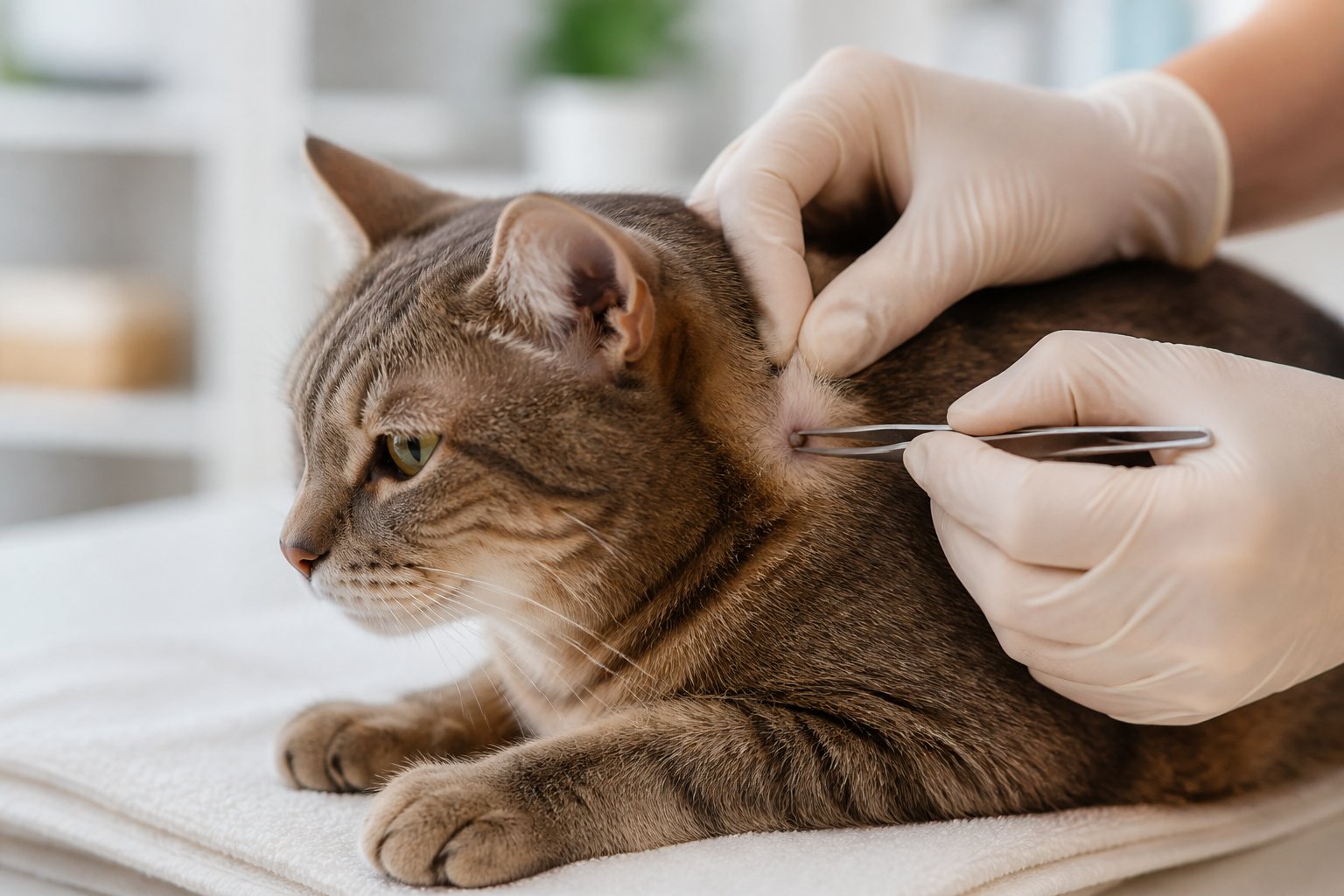 A person gently inspects a cat’s fur and prepares to remove a tick with tweezers.