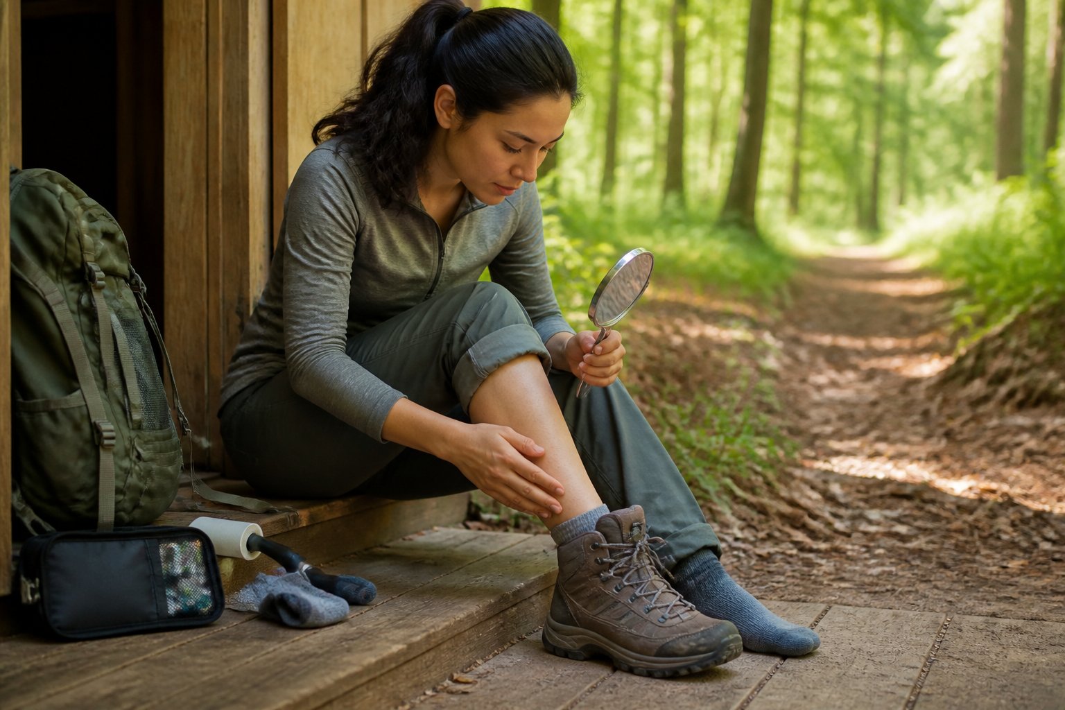 A hiker checks their lower leg for ticks after returning from a wooded trail.