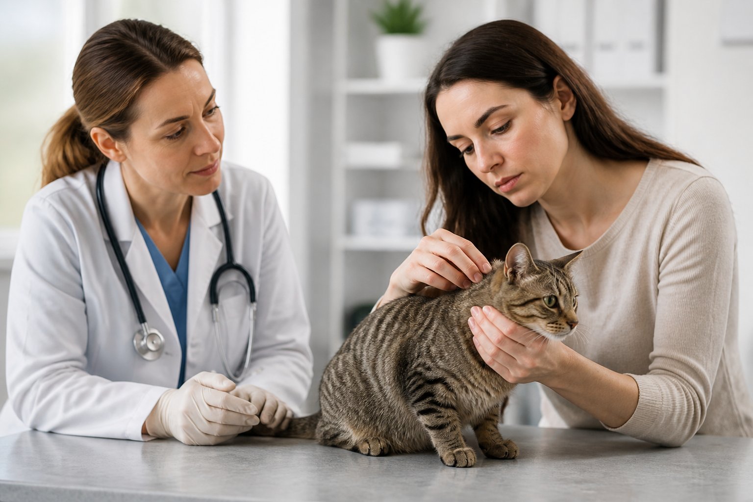 A pet owner and veterinarian examine a cat with a tick near its neck.