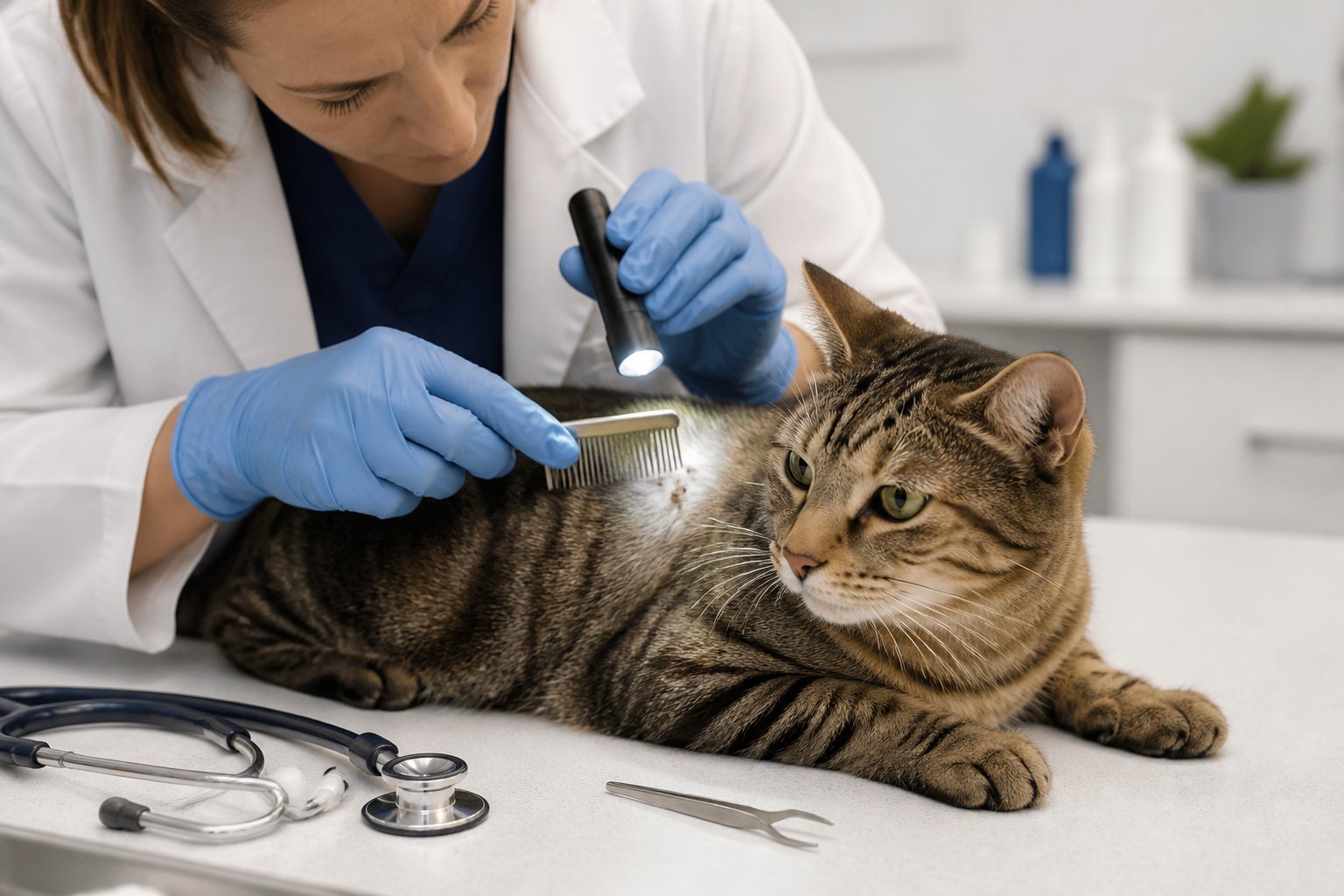 A veterinarian examines a cat’s fur for ticks in a clean clinic.