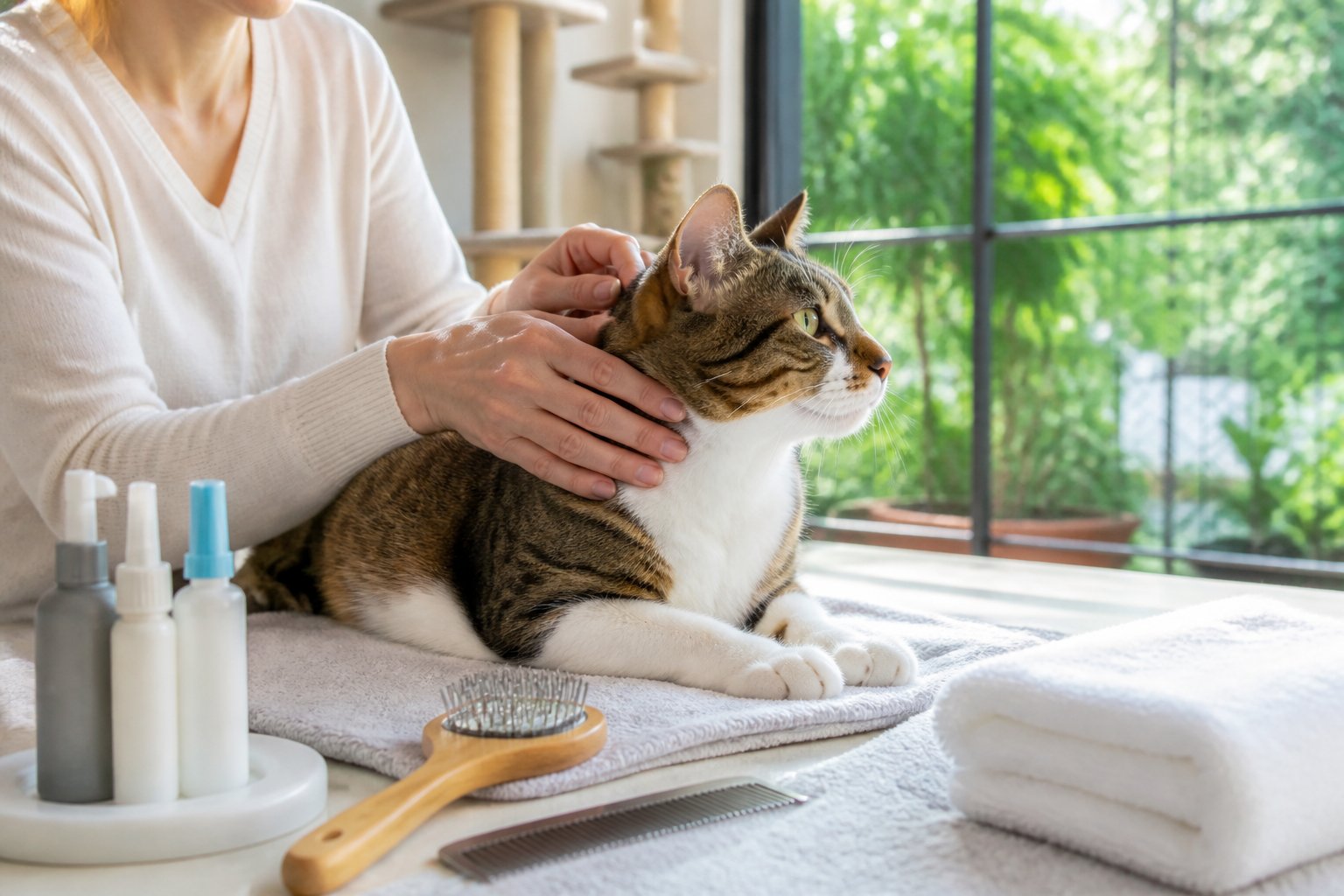 A cat is gently inspected and groomed in a clean home near a screened window, with pet care supplies nearby.