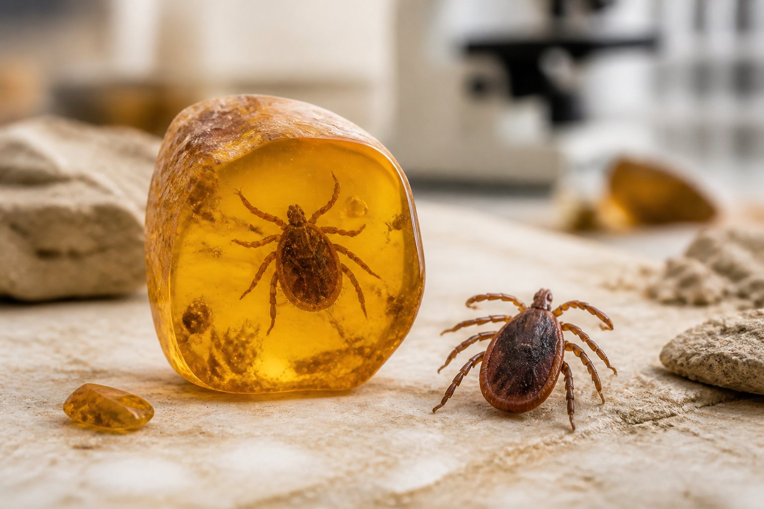 A fossilized tick preserved in amber is shown beside a modern tick specimen on a laboratory surface.