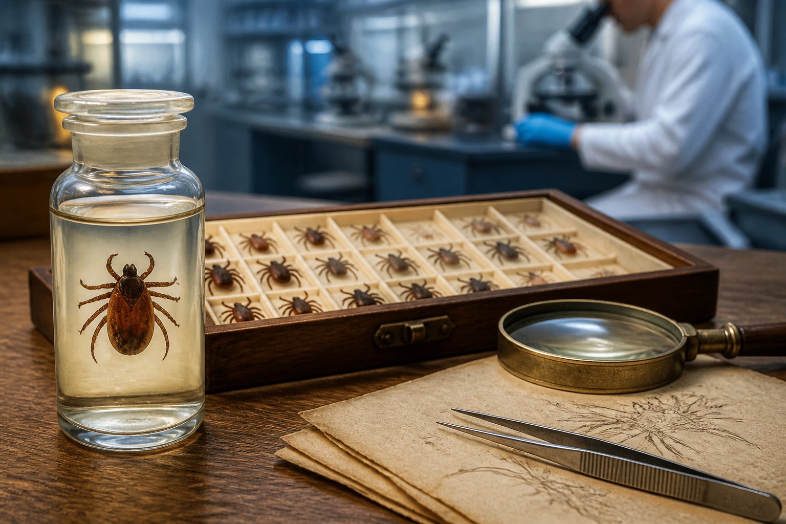 A tick specimen is examined with scientific tools in a laboratory setting alongside historical specimen materials.