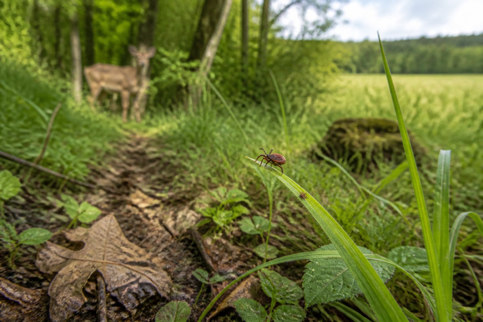 A tick rests on grass beside leaf litter at the edge of a woodland, with a deer blurred in the background.