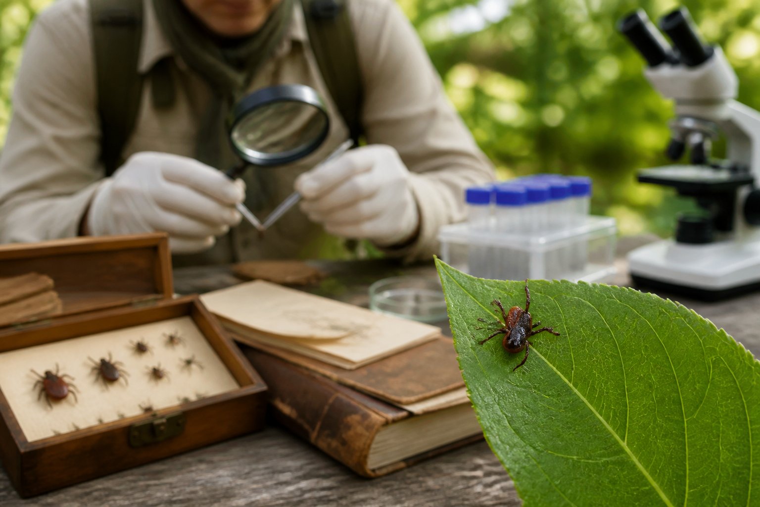 A researcher examines a tick on a leaf beside specimen-collection tools and scientific equipment.