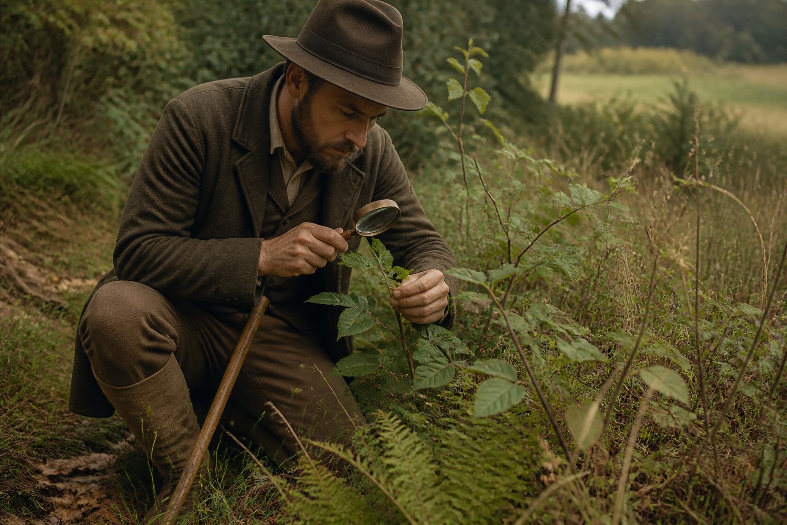 A nineteenth-century traveler examines vegetation at the edge of a woodland.