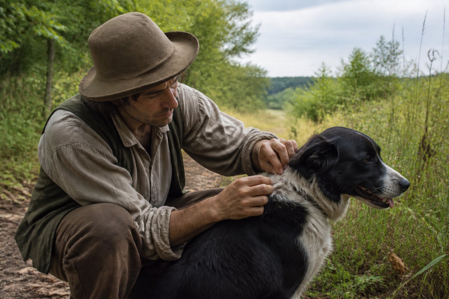 A nineteenth-century farmer examines a dog’s fur for ticks beside a grassy woodland path.