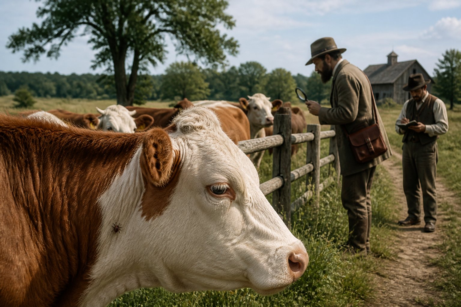 Cattle graze in a late-1800s pasture while a field researcher examines one cow near a wooden fence.