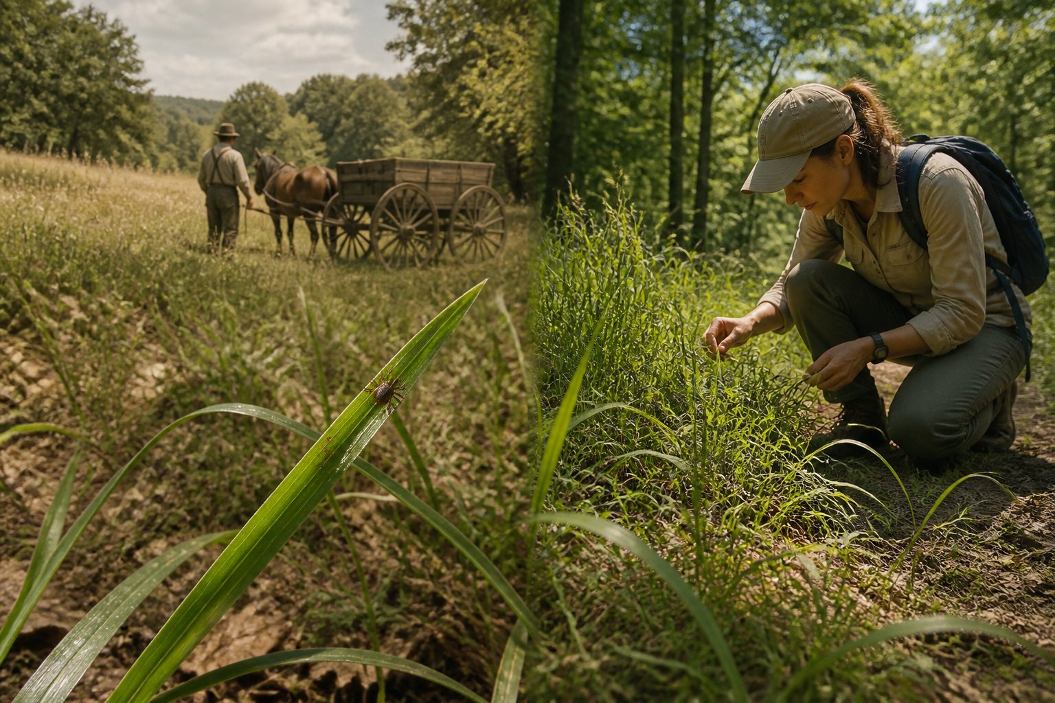 A tick rests on a blade of grass beside a woodland trail, with a rural historical landscape in the background.