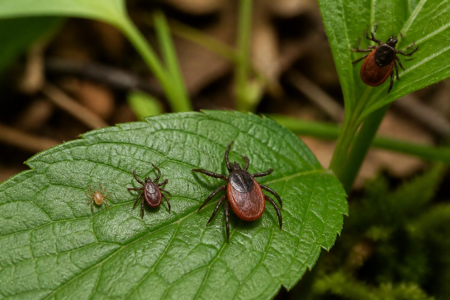 Several ticks at different life stages on green woodland leaves.